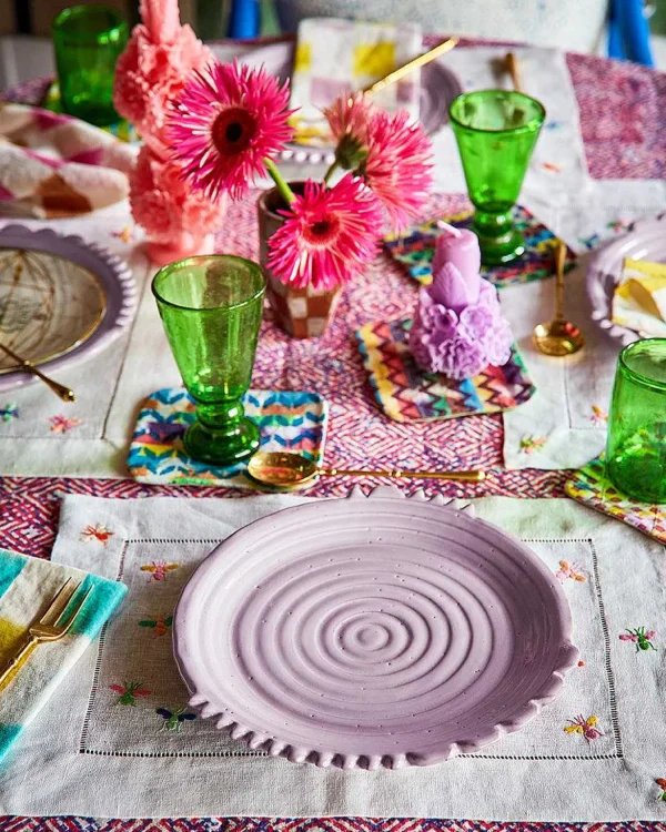 Hot Block-Printed Tablecloth - Raspberry Ink Tabletop