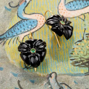 Clearance Hand-Carved Floral Drop Earrings - Onyx And Emerald Jewelry