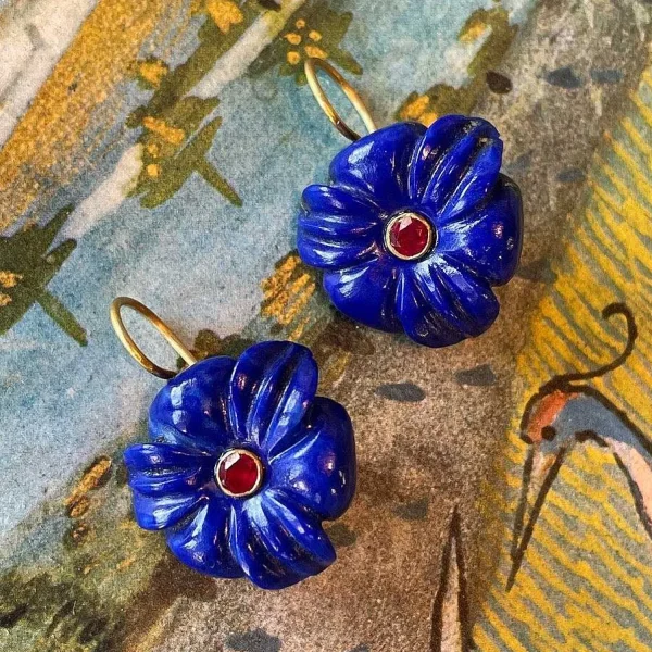 Cheap Hand-Carved Floral Drop Earrings - Lapis And Ruby Jewelry