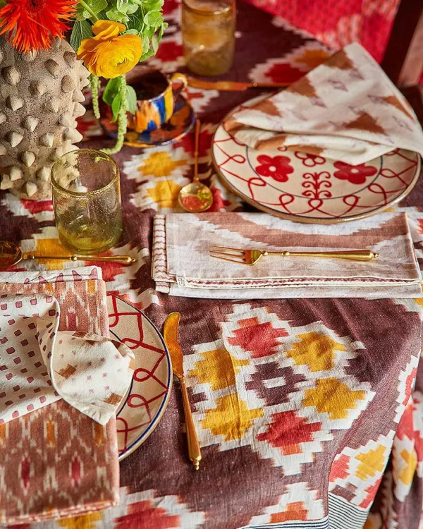 Online Ikat Tablecloth - Sunflower Mahogany Tabletop